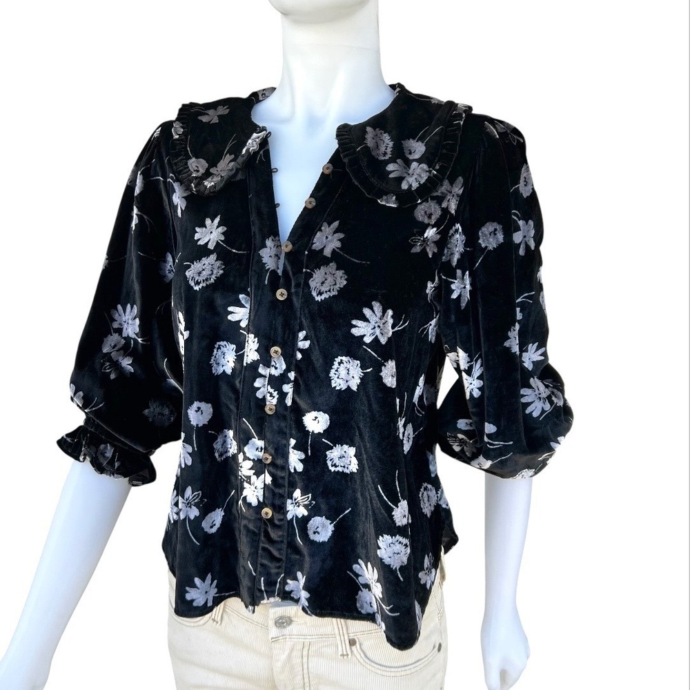 Pilcro Anthropologie Keira Velvet Burnout Blouse Black Witchy Peter Pan Collar M - Picture 8 of 17